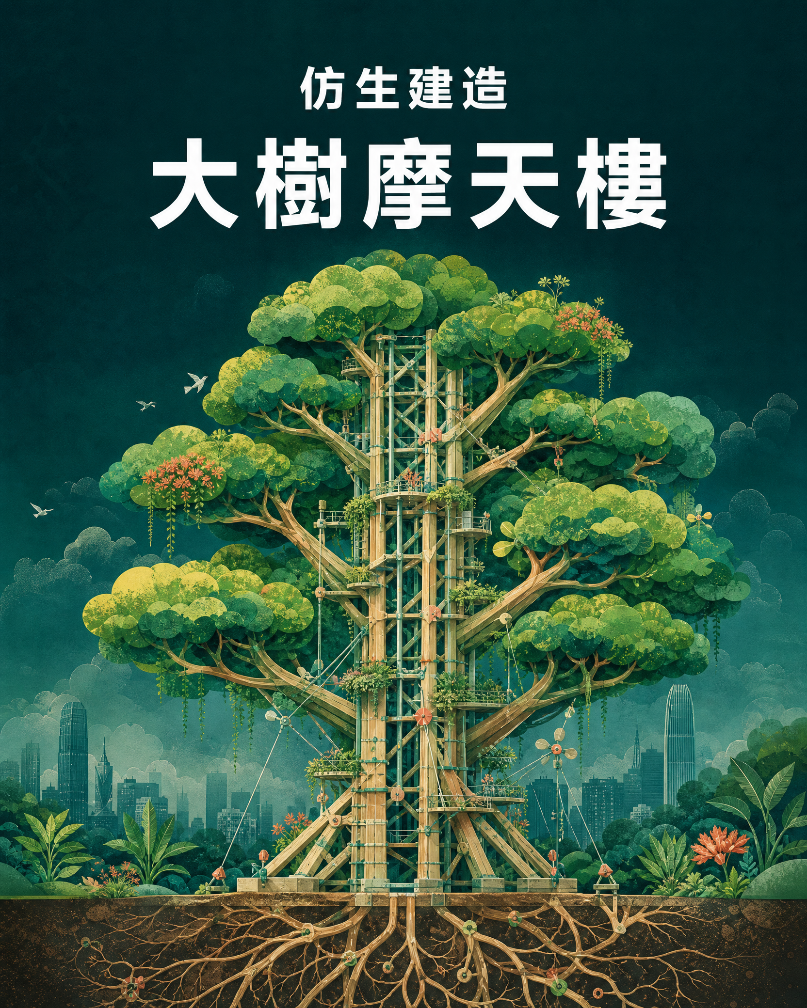 仿生建造 大樹摩天樓課程插畫